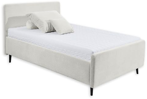 Stella Trading Peach Polsterbett Bettgestell 120x200, Ivory - Modernes Einzelbett in Cord-Optik mit Holzfüßen - 129 x 108 x 215 cm (B/H/T)