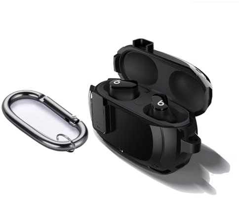 KQXG Cover Compatible con Beats Studio Buds/Buds Plus (Buds+) - Custodia Antiurto con Strato Esterno in PC Rigido e Interno in Silicone Morbido, Gancio Metallico, Blocco Sicuro, Case -Nero