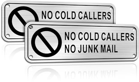 TAKULA 15x5cm No Cold Callers Stop Sign for Front Door Metal, Pack of 2 | brushed finish, effective solution to stop unwanted sales pitches, adhesive backing & pre-drilled holes, durable outdoor use