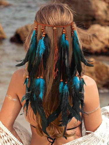 Fashband Indisches Feder-Stirnband, Boho-Quaste, Hippie-Stammes-Kopfschmuck, Festival, Haarschmuck für Damen (Blau, Einheitsgröße)