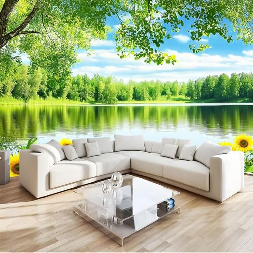Fototapete Naturlandschaft See Grüne Bäume Sonnenblumen 3D Effekt Vlies Tapeten Wandgemälde 400 x 280 cm Moderne Wanddeko Design Wandtapete Grün Wohnzimmer Schlafzimmer Büro Flur Wandgemälde