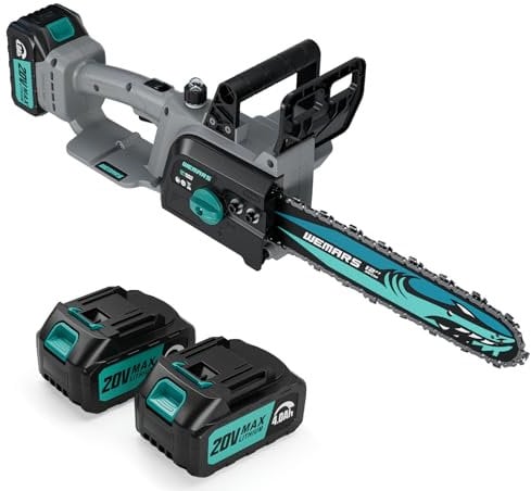 WEMARS - 20V Cordless Chainsaw with 20V Brushes, 12 Inch Electric Chainsaw, Compact Pruning Electric Chainsaw, 4.0Ah Lithium-Ion Electric Chainsaw for Wood Cutting, Tree