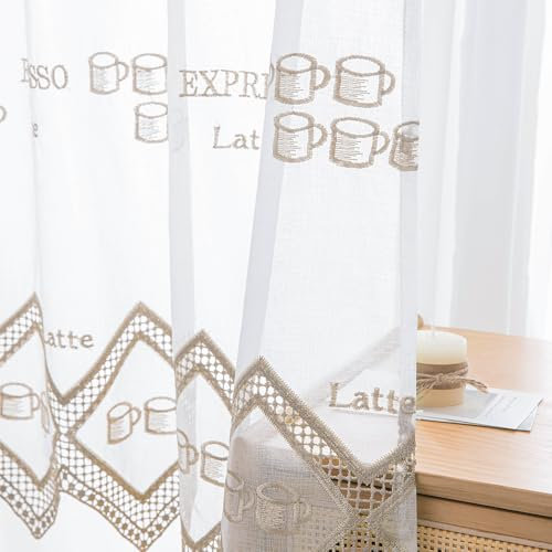 Daliena Scheibengardine Küche Kaffeemotive Bestickte Bistrogardine Gardine mit Lochleiste Küchen Vorhang, Kleine Fenstergardinen Durchsichtig für Wohnzimmer Cafés Stores Sand (BxH 80x80cm) 1 stück