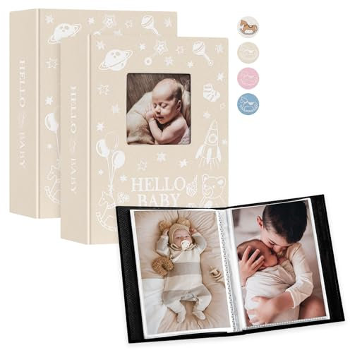 Lanpn Baby Fotoalbum 10x15 100 Fotos 2 Pack, Leinen Babyalbum Einstecken Foto album, Mini Photo Album Einsteckalbum, Neugeborenen Kinder Kinderalbum Fotobuch, für 1. Geburtstag Mädchen Junge, Beige