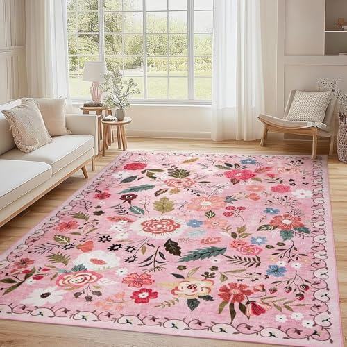 ARRITS Boho-Blumen-Teppich 120x180cm - Ultraweicher, Vintage, Rutschfester, Waschbarer Rosa Rechteckiger für Wohn-, Schlaf- und Esszimmer