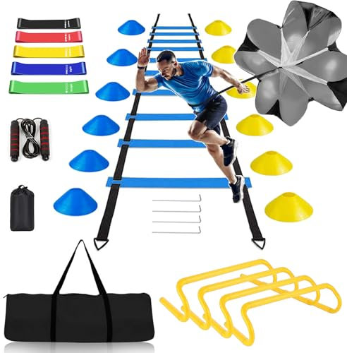 BJNCDIO Fussball Trainingszubehör, Koordinationsleiter 6m mit 12 Hütchen, Abnehmbar Hürden, Springseil, Widerstandsbänder, Widerstandsschirm,Fussball Trainingsset,Fussball Geschenke Jungen (Blau)