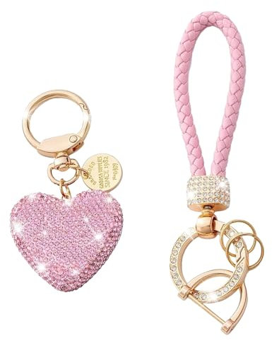 CHENGCKJ Herz Schlüsselanhänger Mit Glitzernden Strasssteinen Auto Schlüsselanhänger Für Damen Rosa Herzförmig Schlüsselanhänger Schlüsselband Strass Schlüsselanhänger