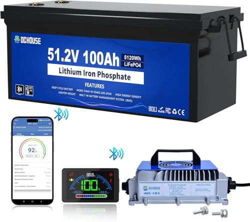 DCHOUSE - Batteria al litio Lifepo4 per carrello da golf, da 48 V, 100 Ah, batteria al litio da 48 V, 18 A, BMS, monitor LCD e App mobile, corrente di picco 600 A
