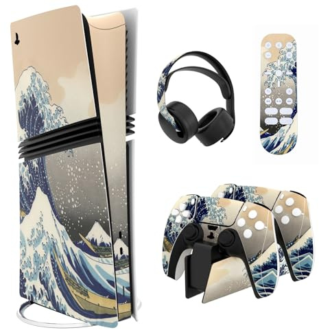 PlayVital Full Set Skin Sticker für ps5 Pro Konsole Digital & Disc Edition | Schutzfolie Zubehör, für PS5 Pro Controller, Headset, Ladestation & Fernbedienung, Vinyl Aufkleber, The Great Wave