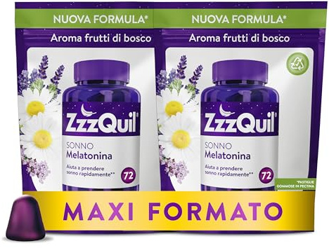 ZzzQuil Sonno, Melatonina pura per Dormire, Integratore con Estratti Di Valeriana, Camomilla e Vitamina B6, Formula Vegana, 2 x 72 Pastiglie Gommose