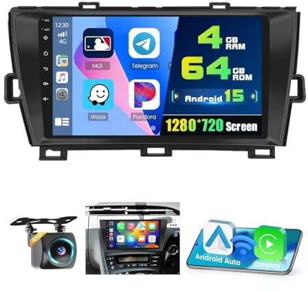 4+64G Android 15 Car Stereo for Toyota Prius 2009-2014,9 inch IPS 1280 * 720 Touch Screen Radio Wireless Apple Carplay Android Auto DSP 5G WiFi Bluetooth GPS FM RDS+Free AHD Backup Camera