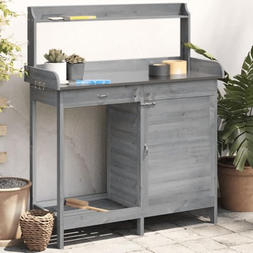 Fasba Pflanztisch, Gärtnertisch, Blumentisch für Garten Balkon Terrasse, Gartentisch Arbeitstisch, mit Schrank Grau 110,5x45x124,5 cm Massivholz Tanne