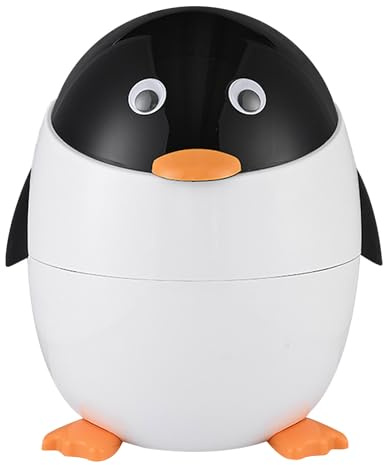 Cartoon Penguin Plastic Trash Can with Lid Bedroom Large Capacity Wastebasket Storage Container for Home Kitchen Dressing Off Ice Kids Bins (White, 31x25cm)