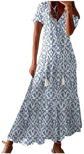 AEGJEGVD 2025 Robes Longue Femme Ete Fluide Robe de Plage Été Bohème Robe Fleurie Femmes Chic et Elegant d'Été A-Line Décontractée Imprimé Floral Maxi Robes Ample Respirant Boho Dress de Vacances