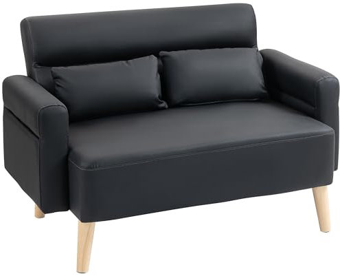 HOMCOM Sofá de 2 Plazas Tapizado en Cuero Sintético Sofá de Salón de 117 cm con Reposabrazos Acolchado Grueso Respaldo Acanalado y Patas de Madera para Dormitorio Sala de Estar Negro