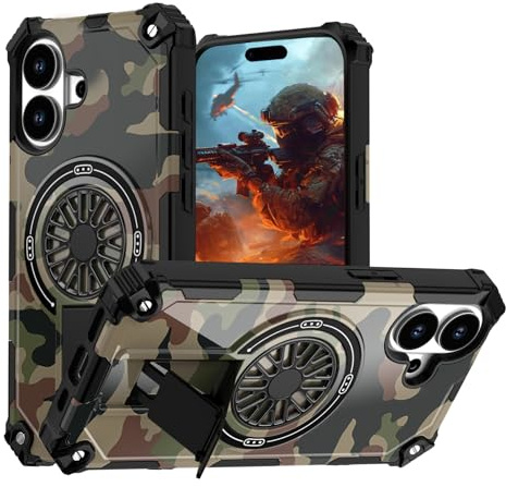 Fofvccv Camouflage Magnetische Schutzhülle für iPhone 17 JY Grün | Männer Militärqualität Stoßfeste Handyhülle, mit Dekompressions Gyro und Faltbarem Ständer für iPhone 17