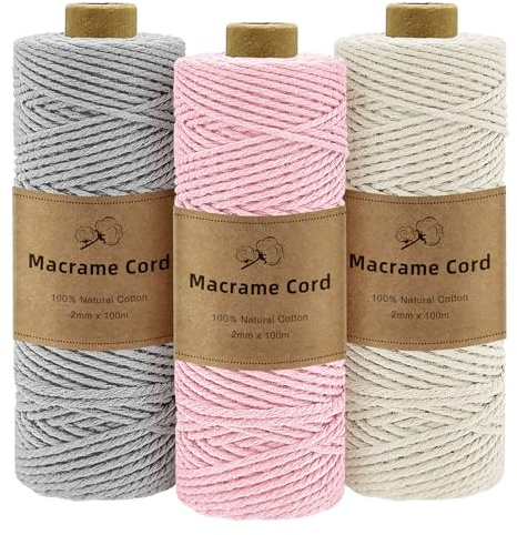 Gemtte Makramee Garn 2mm x100m, 3 Rollen Macrame Cord Geflochten Set, Bunte Makrameegarn für Wandbehang Dekoration, Natur Baumwoll Bastelschnur zum Basteln Stricken Boho Deko (Beige, Rosa, Grau)