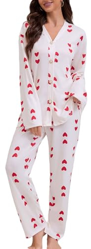 Maeau - Pyjama Femme Ensemble 2 Pièces Imprimé Cœur Manches Longues Chemise Pantalon Vêtement de Maison M Rouge