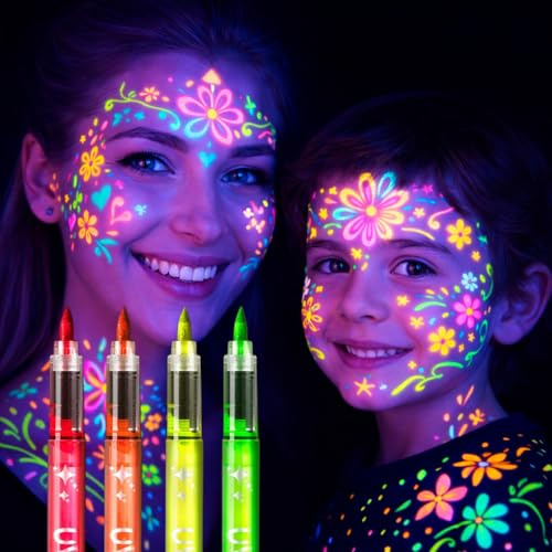 4-Color UV Neon Eyeliner & Face Paint Pens – 2-in-1 Waterproof Glow in the Dark Makeup Kit – Smudge-Proof Tattoo Markers for Kids & Adults, Perfect for Christmas, Festivals & Parties