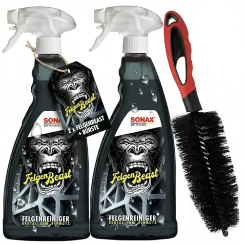 3 teiliges Felgenreinigungs-Set: 2 Stück Sonax Felgenbeast 1000ml und Craft-Equip Felgenbürste 35cm - zur schonenden Reinigung von Alufelgen oder Stahlfelgen