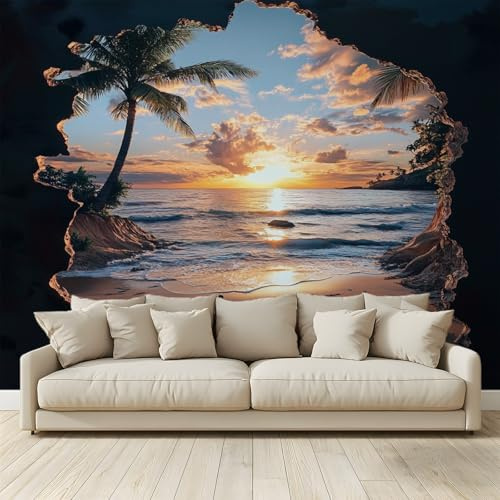 MKBKLI Mural Wallpaper 3D Illusion Beach Sunset Photo Backdrop Non-Woven Poster Picture Art Print for Living Room Bedroom TV Theme Hotel Warm Décor Papel 350 (W) x 256 (H) cm