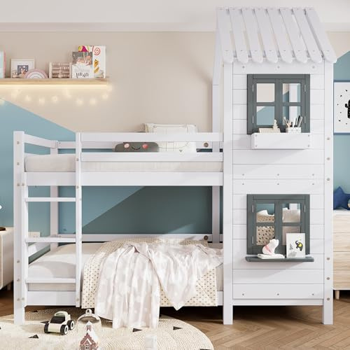 Homgoday Etagenbett mit Handlauf und Fenster, Hausbett, Kinderbett mit Fallschutz und Gitter, Rahmen aus Kiefer, weiß (90x200cm) Bettgestell N622T29590567W