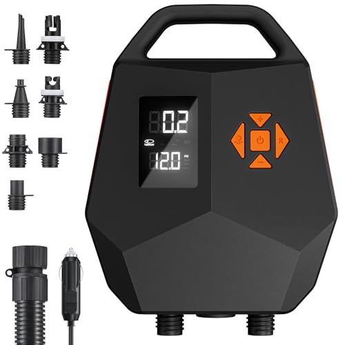 Pompa elettrica SUP 20 PSI - Pompa ad aria a doppio motore con arresto automatico, adattatore per auto da 12 V per tavole gonfiabili, kayak, barche - gonfiaggio silenzioso e veloce