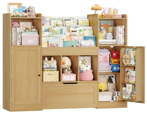 FOREHILL Toy Storage Unit Large 3-tier Kids Bookshelf with 2 Storage Doors | Kids Storage Unit, Childrens Bookcase, Toy Organiser,1 Large Drawer with Castors, for Nursery Playroom 140.3x30x108.3cm Oak