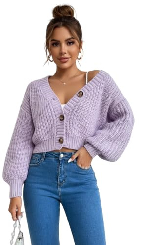LUXFAB Womens Balloon Sleeve Chunky Knitted 3 Button Crop Cardigan V Neck Stretchy Fisher Knit Sweater Winter Warm Fancy Party Wear Top UK 8-14 Size