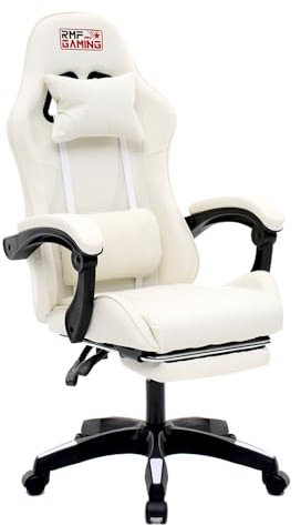 RMF Sedia Gaming Professionale Ergonomica Reclinabile, Poltrona Gaming Seduta Comoda e Rilassante con Poggiapiedi - Sedia per Gamer con Ruote Girevoli, Altezza Regolabile (Bianca)
