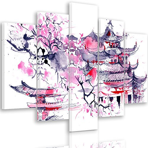 Feeby Impression Sur Toile 5 Pièces Cerisier Japonais Type A 150x100 cm Tableau Mural Image Moderne Photo Décoration Murale Artistique Photographie Design Chambre Salon Cuisine Abstraction Violet