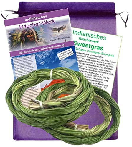 Sweetgrass 2X Mariengras Süßgras Zopf zum räuchern 50-60cm [Smudge-Braid Braiding]. Feiner vanilliger Duft. Ideal für energetische Hausreinigung, Rauhnächte. Mit Booklet & Täschchen. 81233-2SW