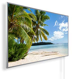 Infrarotheizung – Bildmotiv – TÜV SÜD - 450 Watt + Thermostat - Weißer Rahmen (40. Insel Palme)