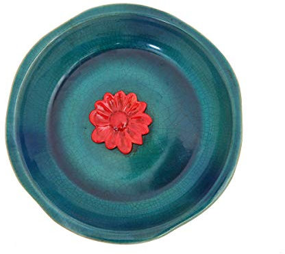 Topadorn Vogeltränke Keramik Schale Dekor für Bienen Vogelbad Outdoor Garten Vintage Yard Blue with Red Flower