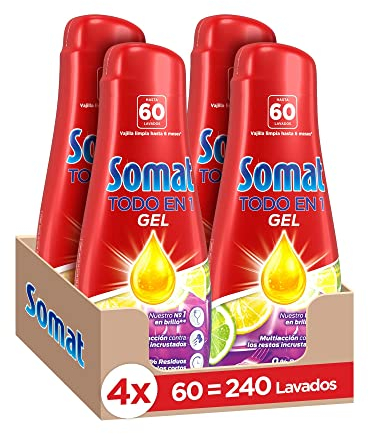 Somat Todo En 1 Gel Lima Y 60 Dosis (pack De 4, Total: 240 Lavados), Jabón Lavavajillas Con Gran Poder De Limpieza Para Ciclos Cortos, Vajilla Brillante, 1.08 l (Paquete de 4), Limón, 4320 Mililitro