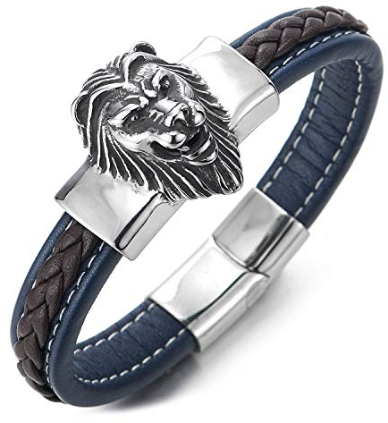 COOLSTEELANDBEYOND Herren Große Navy Blau Braun Geflochtenes Leder Armband mit Edelstahl Löwe Kopf, Biker Armband