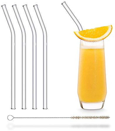 HALM pajitas de vidrio reutilizables - 4 unidades curvas 20 cm + cepillo de limpieza sin plástico - Apto para lavavajillas - Sostenible - Sorbetes de cristal