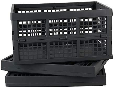 Eudokky 34 Liter Grey Foldable Crate, Plastic Folding Basket, Pack of 3 Collapsible Crate