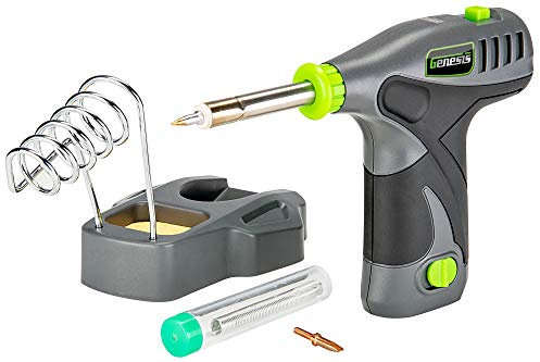 Genesis GLSI08 - Saldatore senza fili agli ioni di litio da 8 V con supporto in ferro, filo di saldatura, punta fine, punta a scalpello, batteria ricaricabile rimovibile, caricabatterie