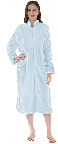 PAVILIA Damen Hausmantel mit Reißverschluss, Fleece-Bademantel mit Reißverschluss vorne, Plüsch, warmer Reißverschluss, Hausmantel, Liege mit Taschen, lang, Hell, blau, Small-Medium