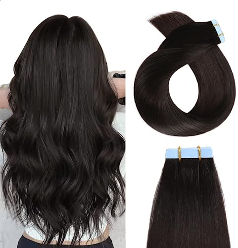 YILITE Tape in Extensions Echthaar 45cm Aus Schwarz Seidig Gerade Nahtlos Haut Schuss Tape Hair Haarextension Echthaar 18 Zoll 50 Gramm 20 Stück Klebeband in Haarverlängerungen(45cm # 1b aus Schwarz)