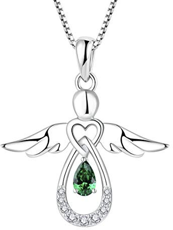 FJ Damen Kette Schutzengel Anhänger Halskette 925 Sterling Silber Engel Kette Smaragd Mai Geburtsstein Halskette Schmuck Geschenke für Frauen Mädchen