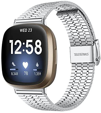 Ginamart Edelstahlarmband Kompatibel Mit Fitbit Versa 3/Sense, Metall Ersatz Uhrenarmband für Damen und Herren (Silber 02)