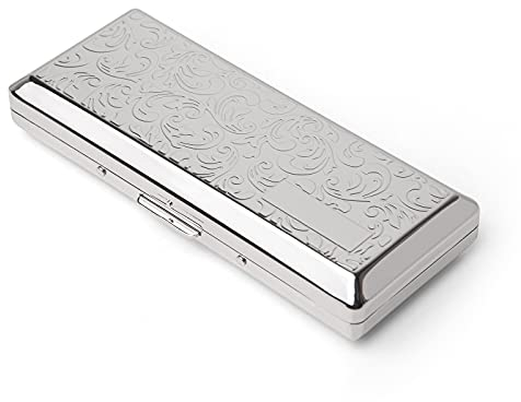 Zigarettenetui aus Metall - Damen und Herren, tragbarer doppelseitiger Federclip, fasst bis zu 10 100's Zigaretten, für selbstgestopfte Zigaretten (Vines Silber, 100's 10pcs)