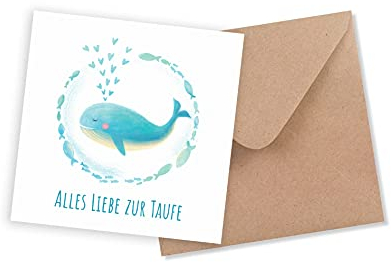 Friendly Fox Karte zur Taufe Wal, 1x quadratische Taufkarte mit Umschlag, zur Taufe kleiner Wal und Fische, Klappkarte