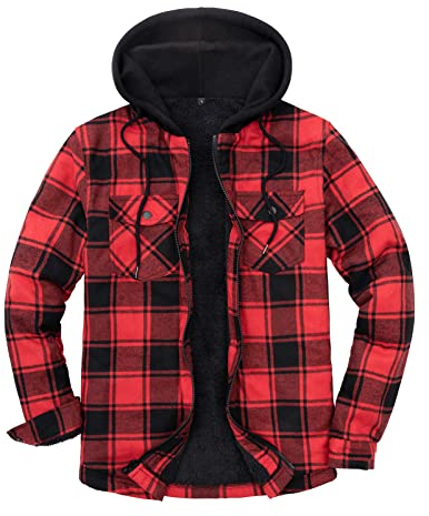 Herrenjacke mit Sherpa-Futter, durchgehender Reißverschluss, kariert rot/schwarz XL