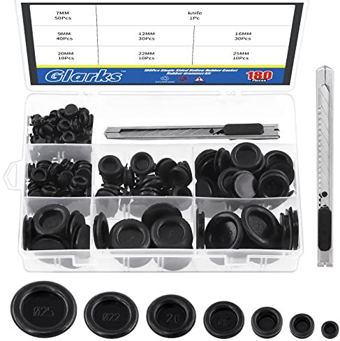 Glarks 181Pcs Closed Rubber Grommet Assortment, 7 Size Firewall Hole Plug Set Rubber Grommets Electrical Wire Gasket with 1Pc Retractable Knife for Wire, Plug, Automotive, Plumbing