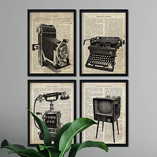 Packung mit vier Postern mit Vintage-Rahmen, Schreibmaschine, Telefon und Fernseher mit Definitionen von Foto, Emotionen, Freundschaft und Kommunikation, Größe A4, 250 g, mit Rahmen