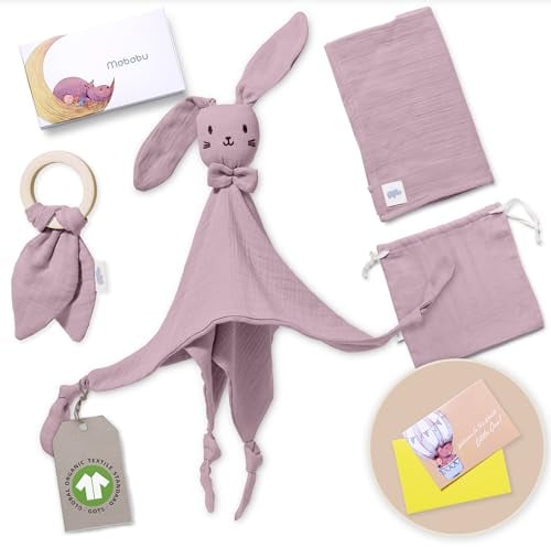 Mababu Baby Geschenkset zur Geburt – Bio-Baumwolle GOTS Zertifiziert – Schnuffeltuch, Beißring, Musselintuch, Beutel – extra weich, trocknergeeignet, Geschenk für Neugeborene, Jungen & Mädchen