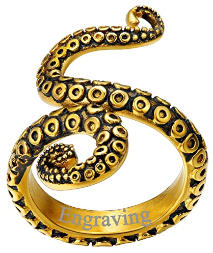 FaithHeart Goldener Herren Damen Krake Ring in Größe 54 Vintage Krake Fingerring Punk Tentakelring Siegelring Biker Ring mit Gravur für Weihnachten Geburtstag